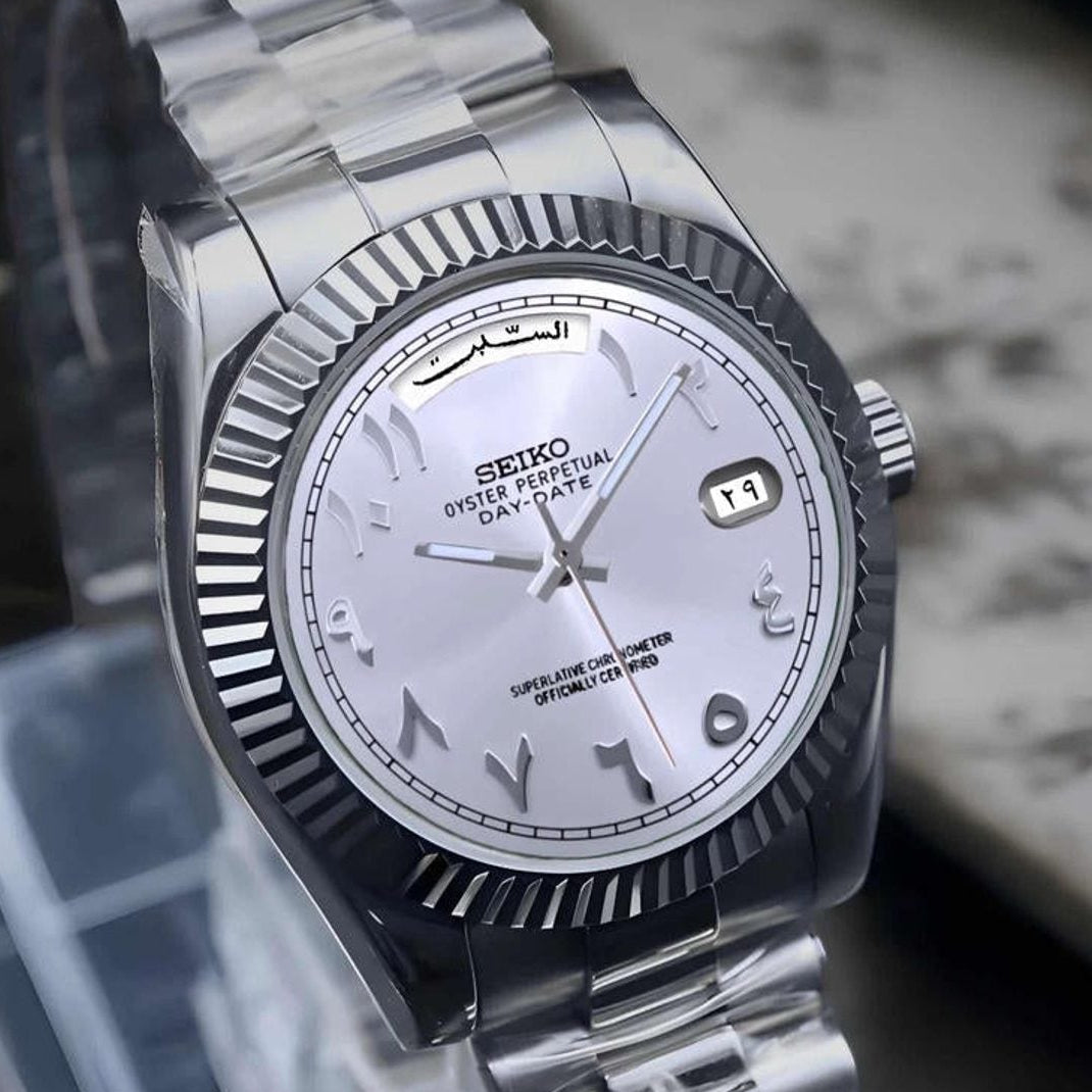 Day date white arabic dial with silver band