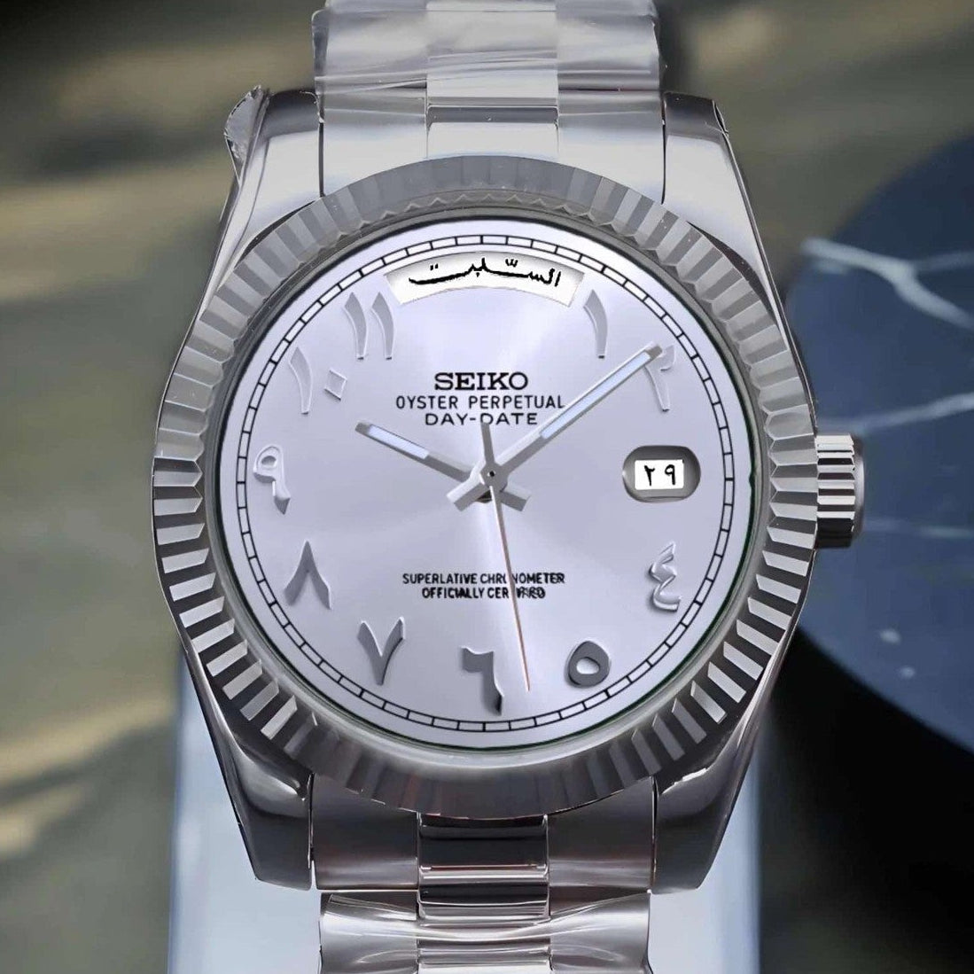 Day date white arabic dial with silver band
