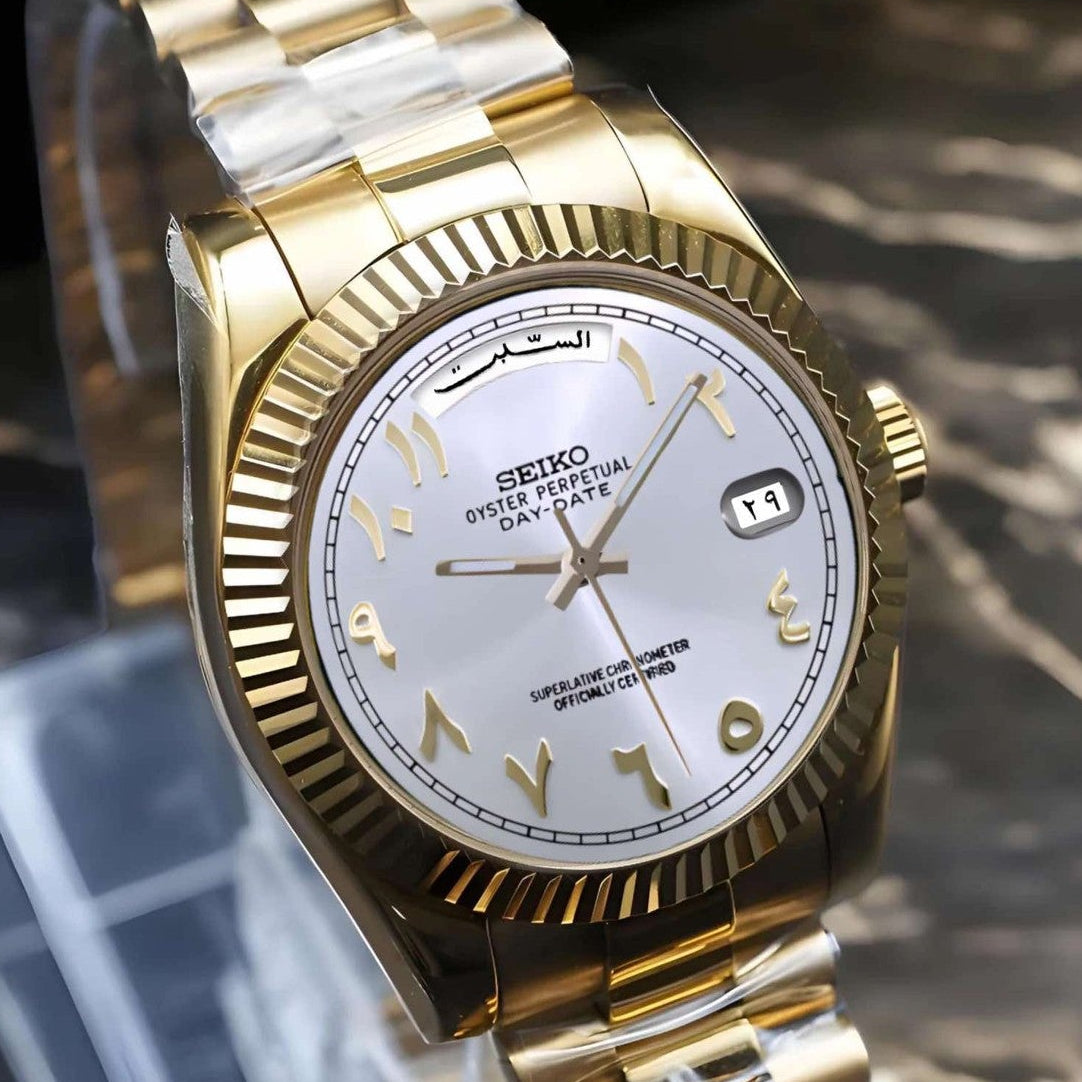 Custom Miyota Day Date Watch White Gold Arabic Dial 40mm Custom Miyota Day Date Watch White Gold Arabic Dial 40mm