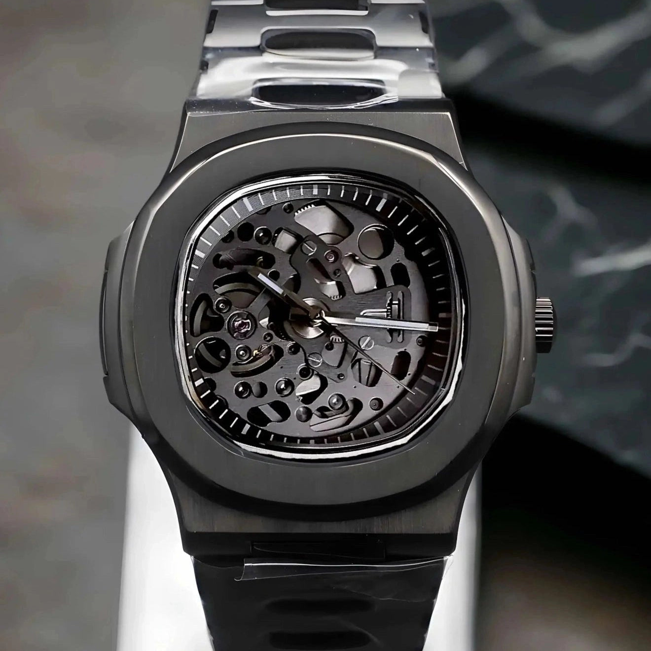 Black skeleton wristwatch