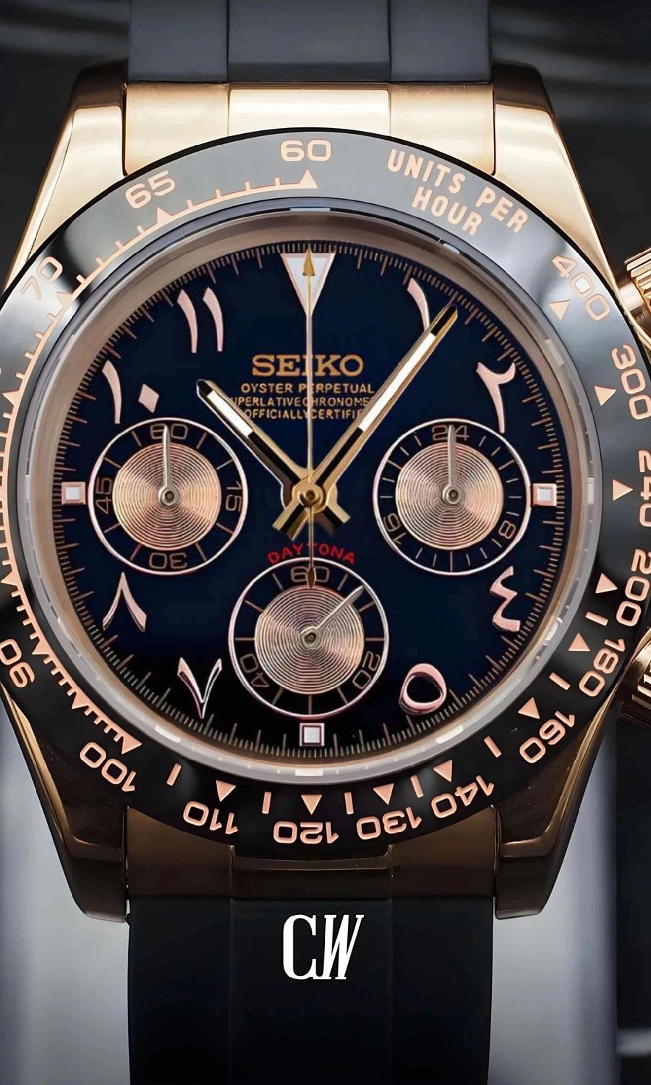 VK63 クロノグラフ カスタム腕時計 ブラック/ロースゴールド Rose Gold Daytona Chronograph | Arabic Dial Watch Mod | VK63 Movement