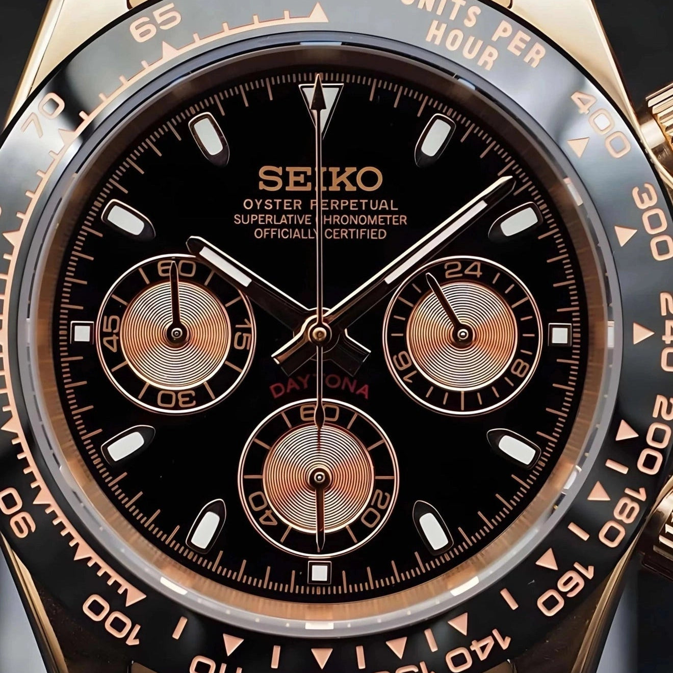 Seiko watch with black face and rose gold accents