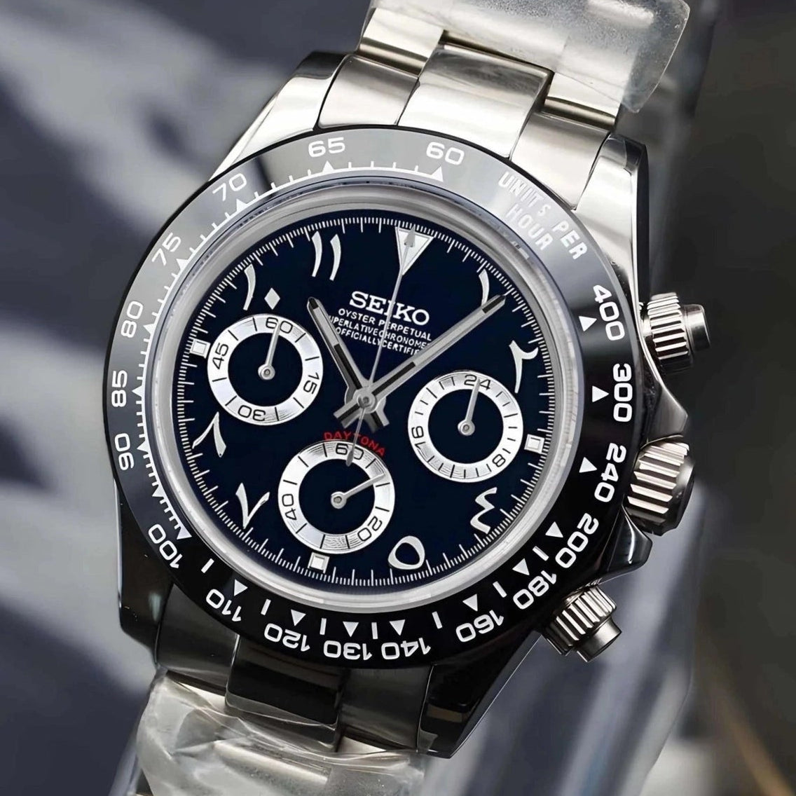 seitona mode black rabic watch with silver band