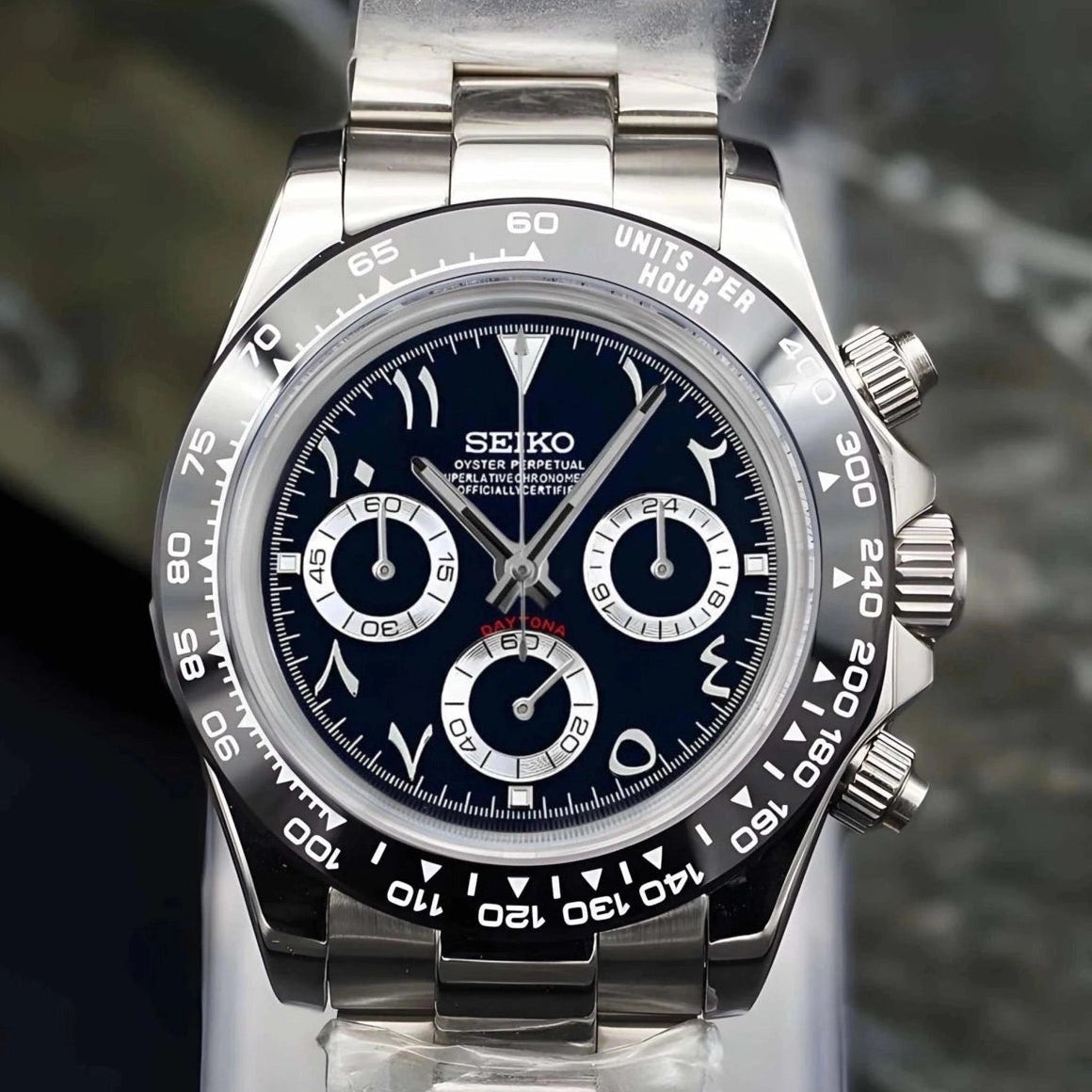 seitona mode black rabic watch with silver band