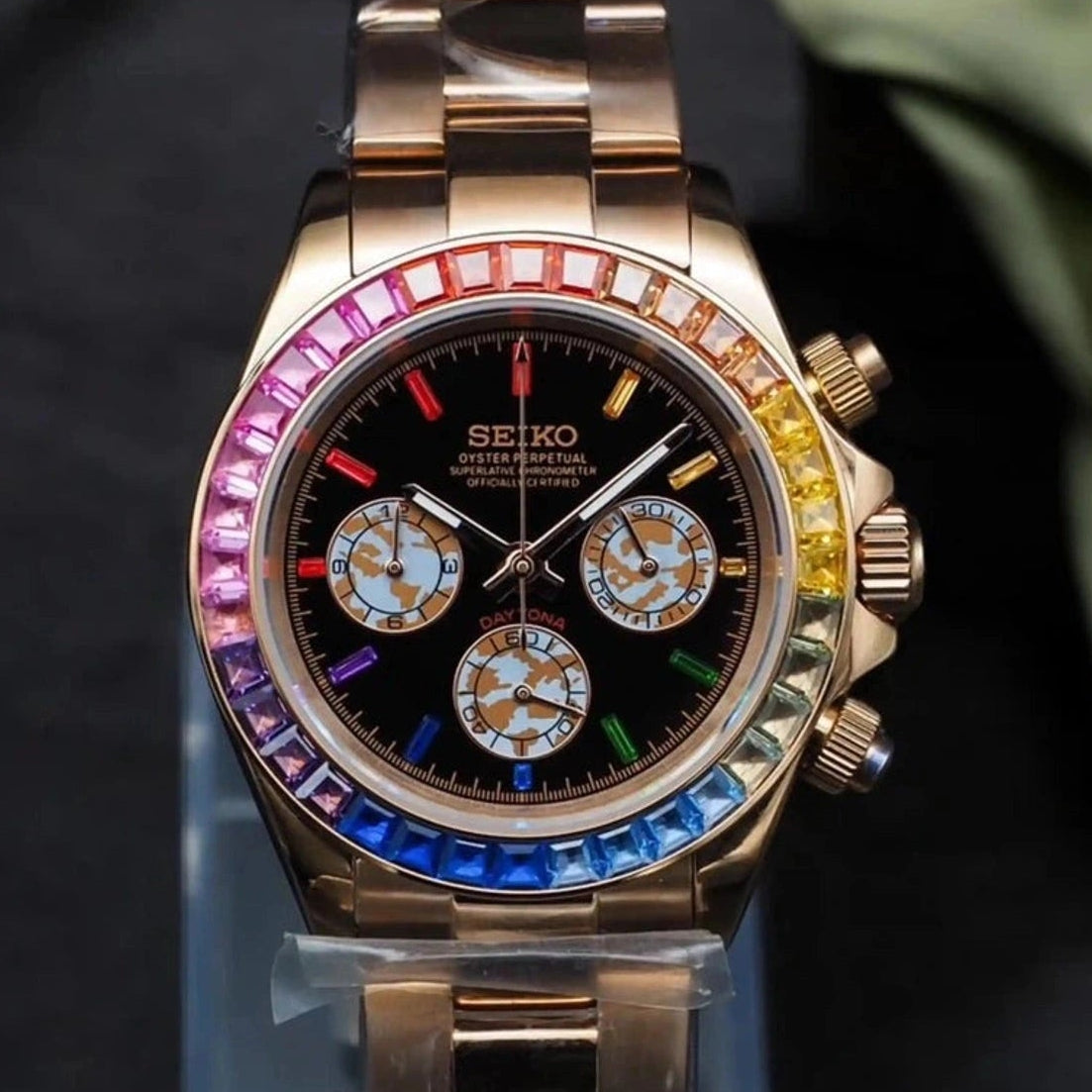 Seitona rose gold baguette with black dial