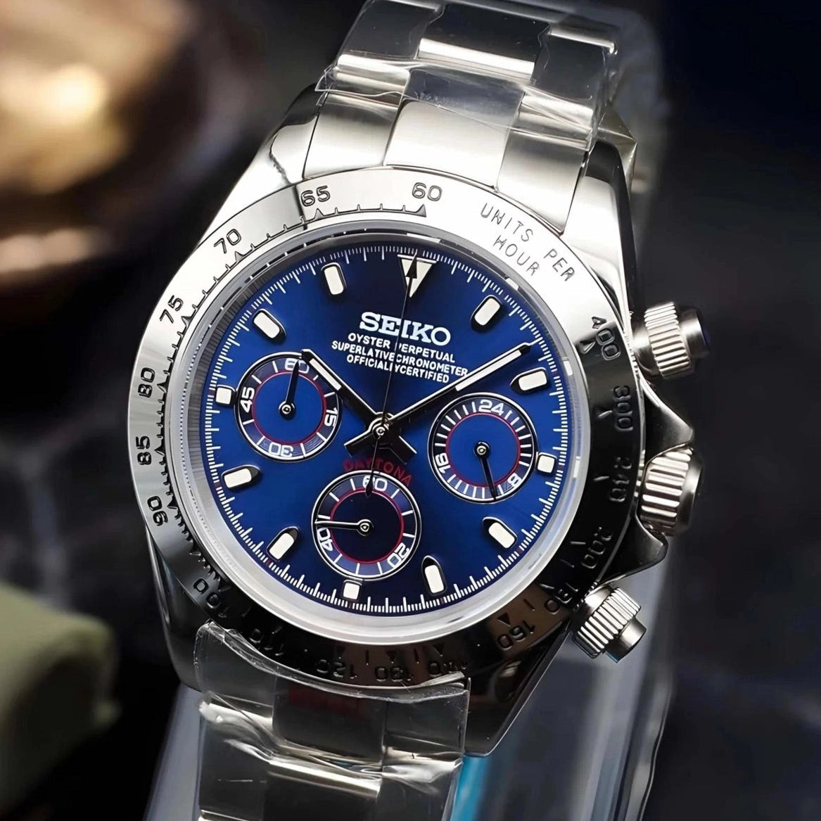 seitona mod silver watch with blue dial