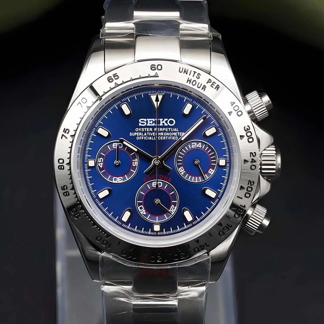 seitona mod silver watch with blue dial