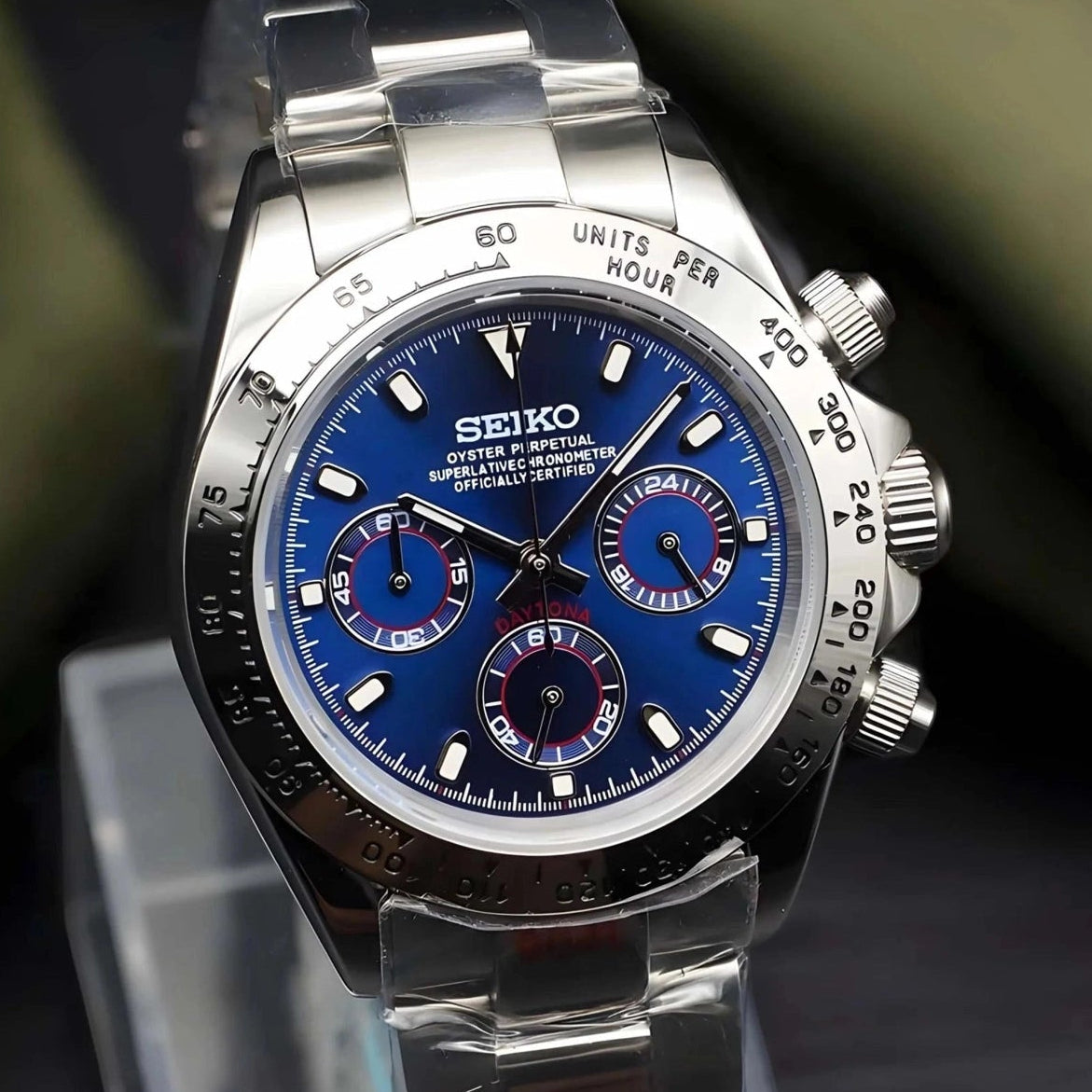 seitona mod silver watch with blue dial