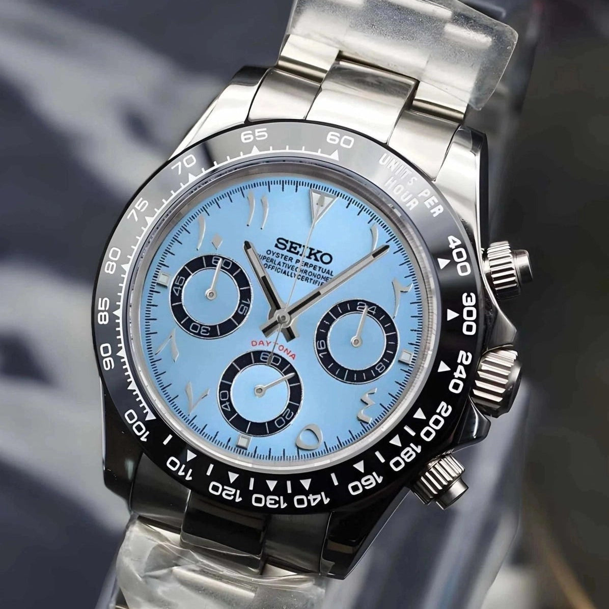 seitona platinum arabic watch with silver band