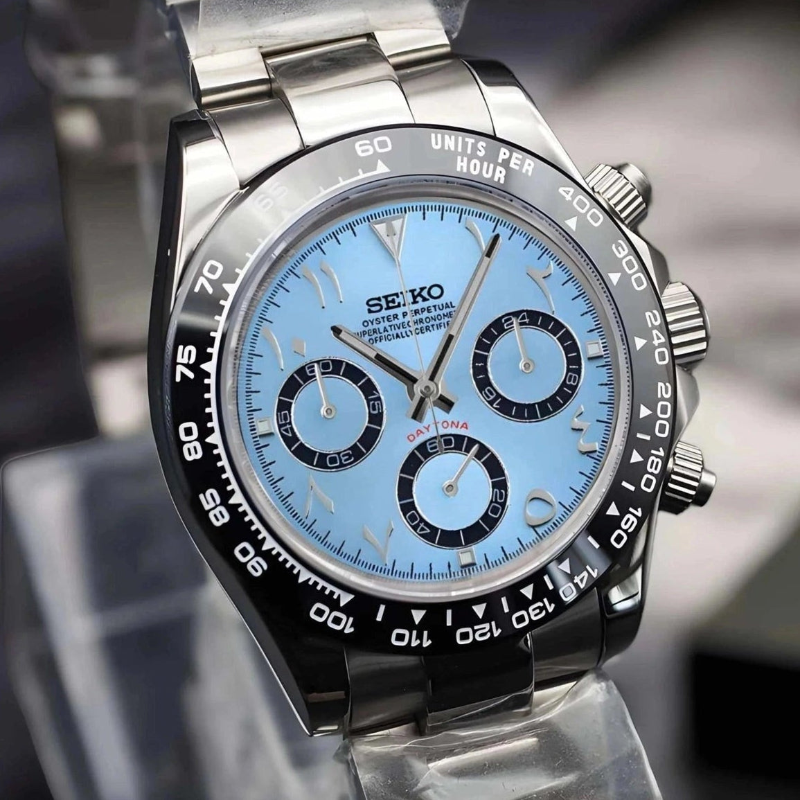 seitona platinum arabic watch with silver band