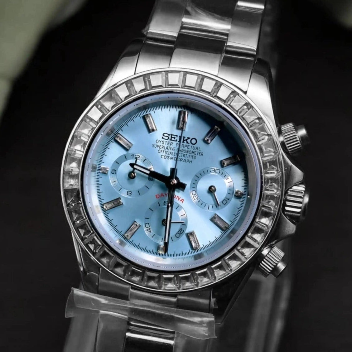 Seitona mode platinum baguette with blue dial