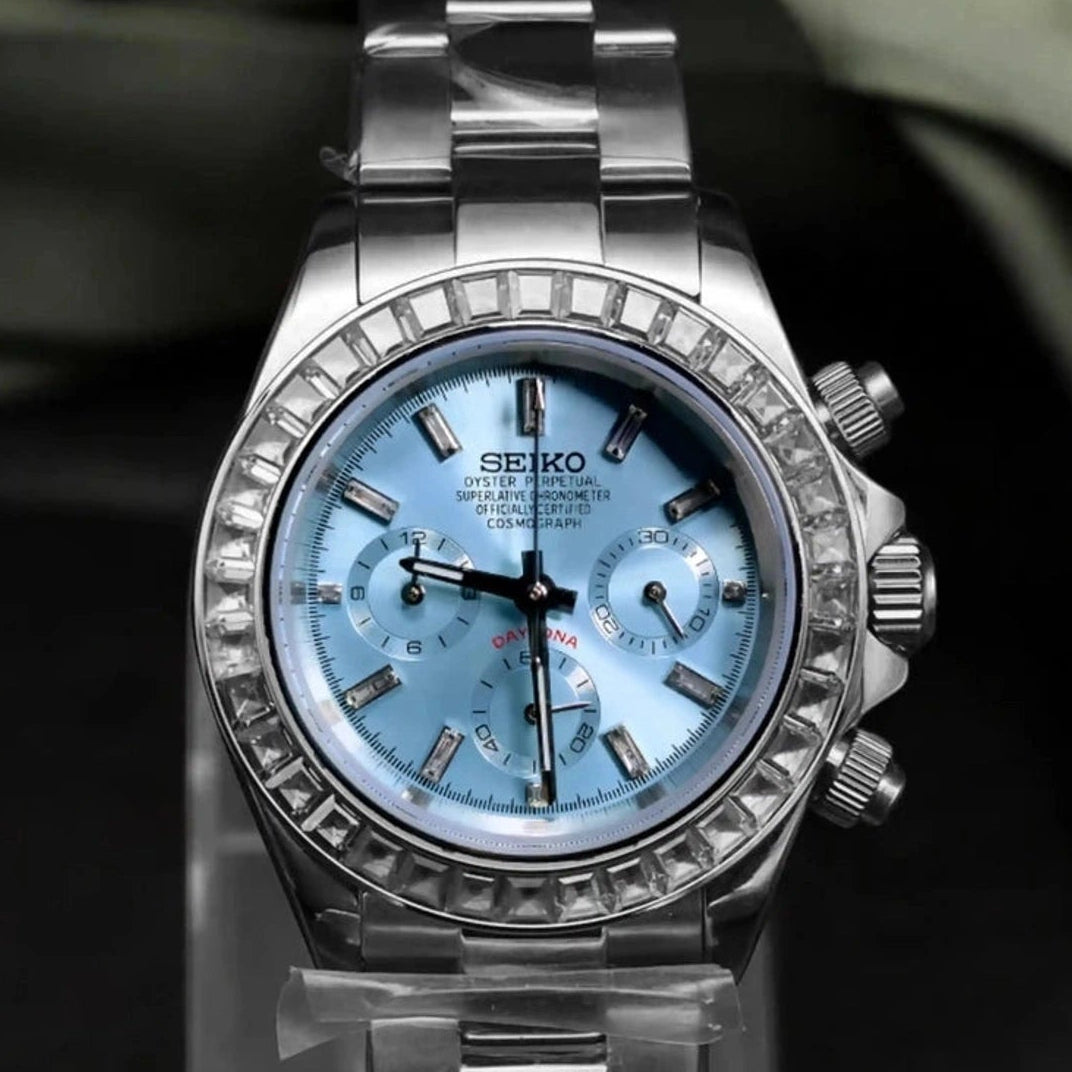 Seitona mode platinum baguette with blue dial