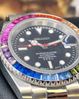 Seiko Rainbow 2023 | Stainless Steel with Sapphire Crystal | Oyster Steel Bracelet with Rainbow Jewel Bezel | Bust Down | Watch Mod | Bling