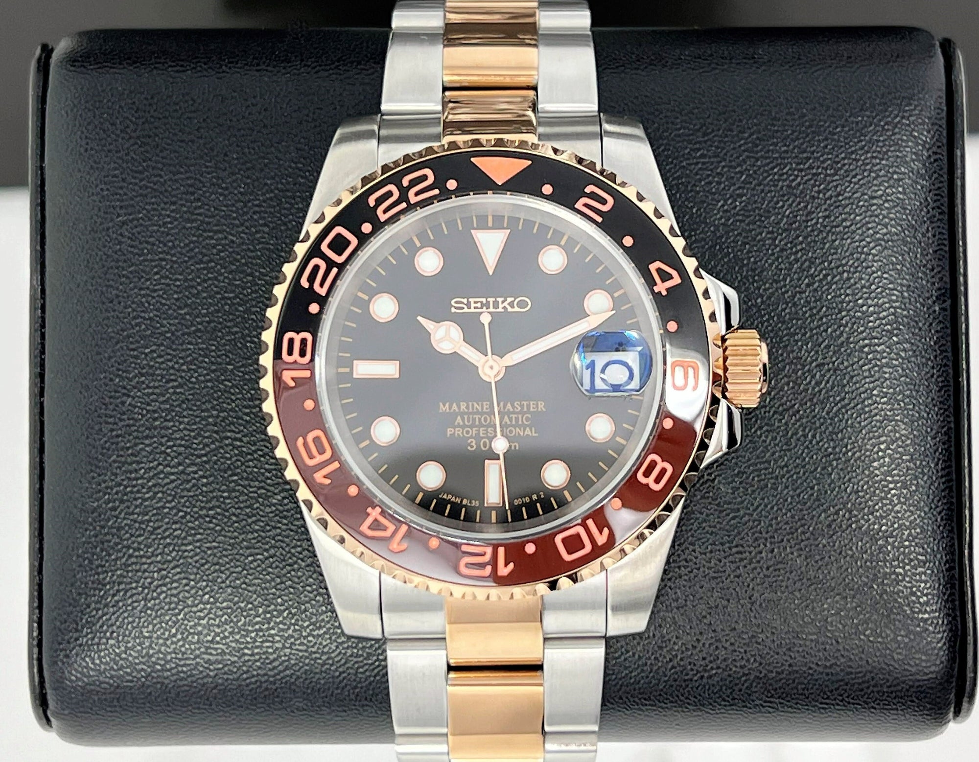 Seiko Rootbeer Two Tone GMT - Stainless Steel Sport Watch - Seiko Mod - Custom Sub - Oyster Bracelet - Perpetual Date - 20mm - Submariner