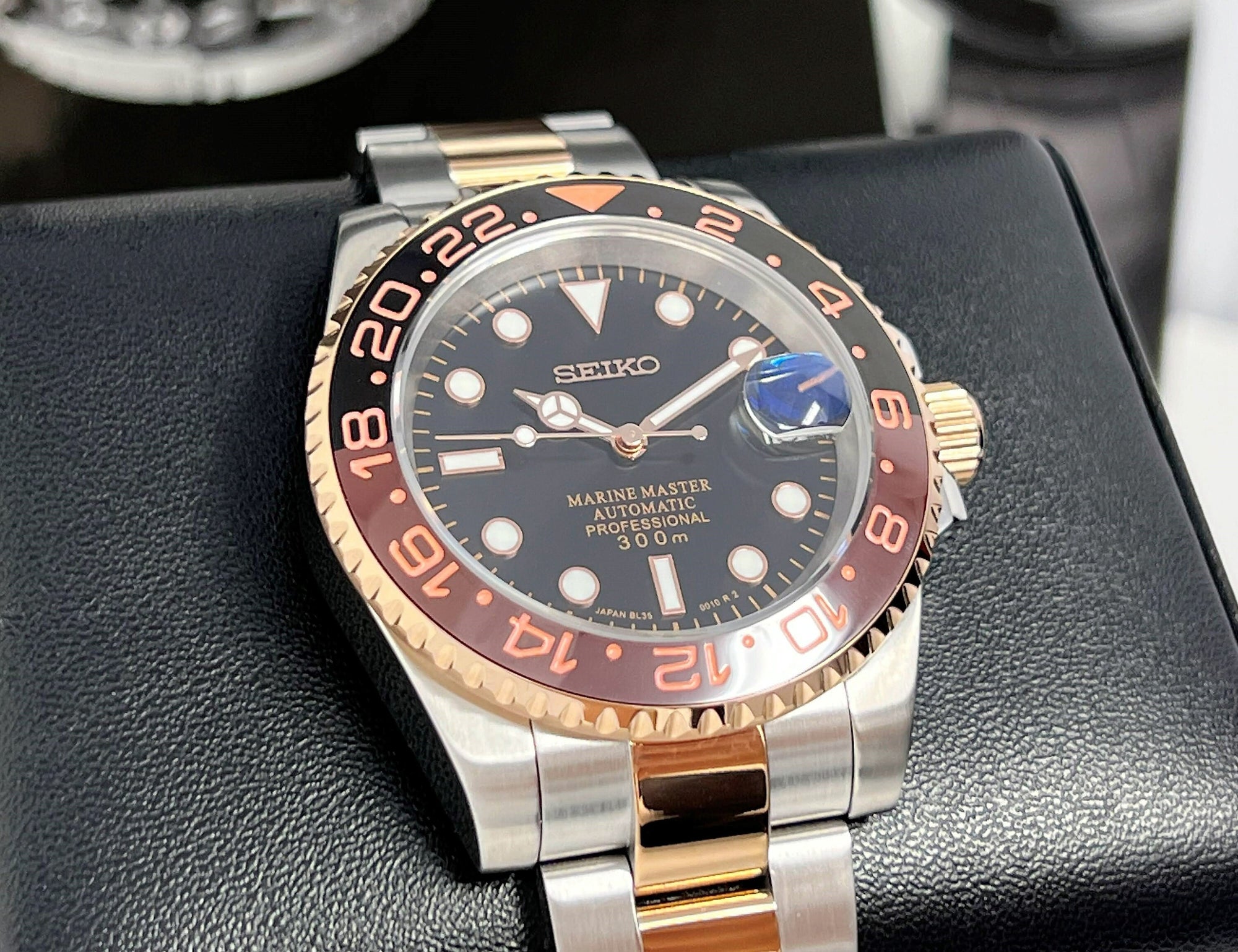 Seiko Rootbeer Two Tone GMT - Stainless Steel Sport Watch - Seiko Mod - Custom Sub - Oyster Bracelet - Perpetual Date - 20mm - Submariner