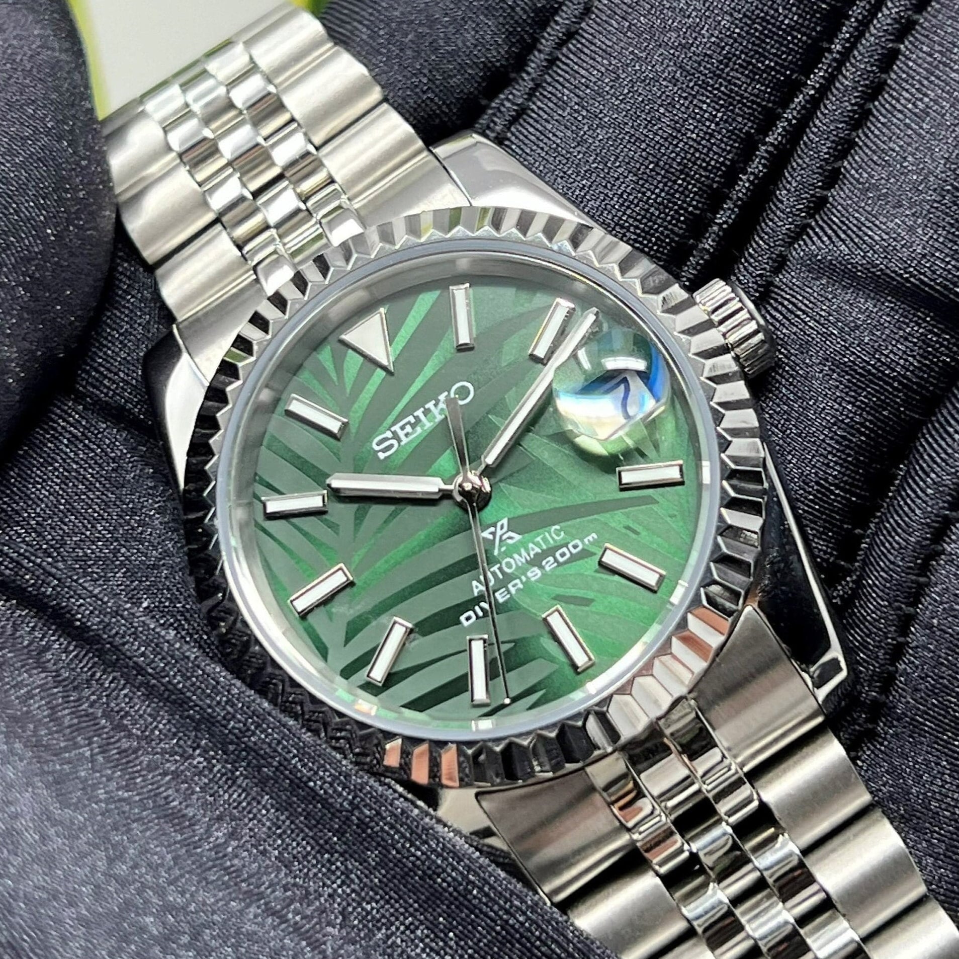 Seiko Palm Green Datejust 36 / 39mm | Fluted Bezel | Stainless Steel Jubilee | Date | NH35 | Seiko Mod | Watch Mod | Custom Watch Mod