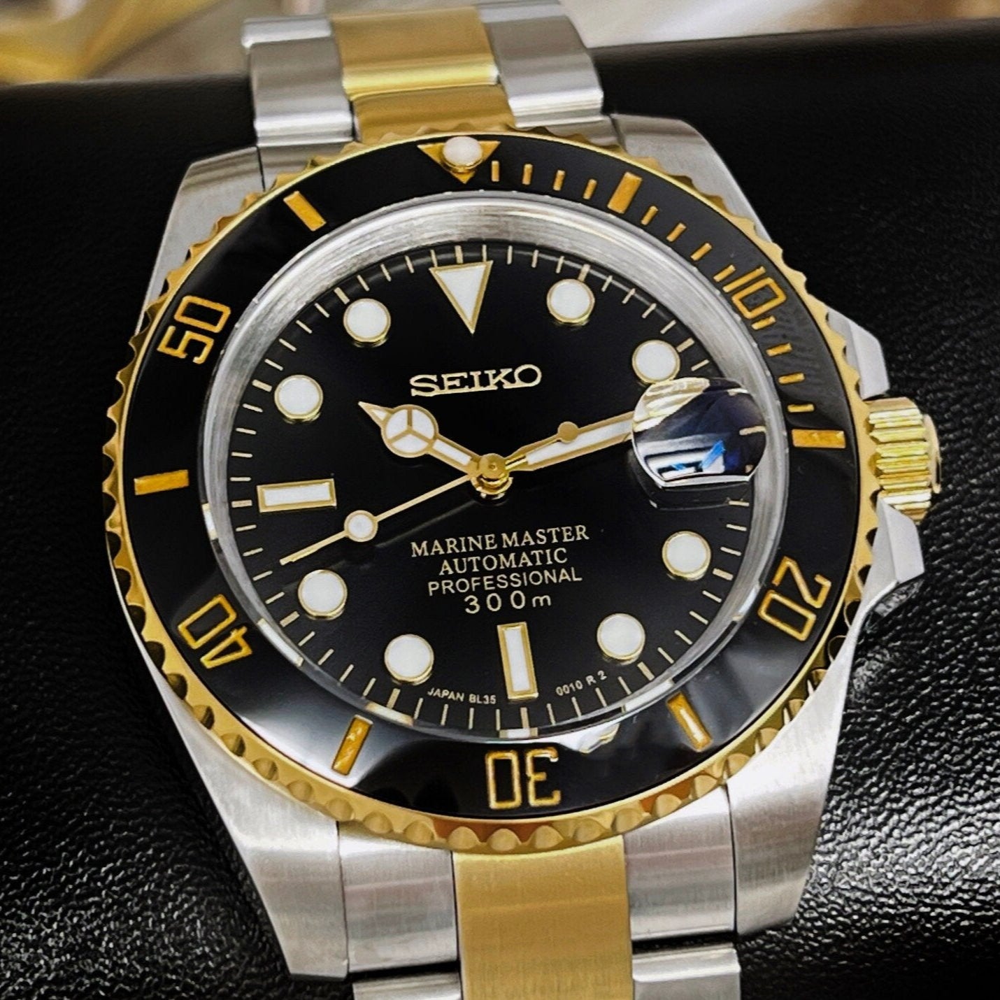 Seiko Black and Gold Submariner Mod | Two Tone | Sapphire Crystal | Steelsport Watch Mod | Ceramic Bezel | Custom | Yellow Gold Sub | Bluesy