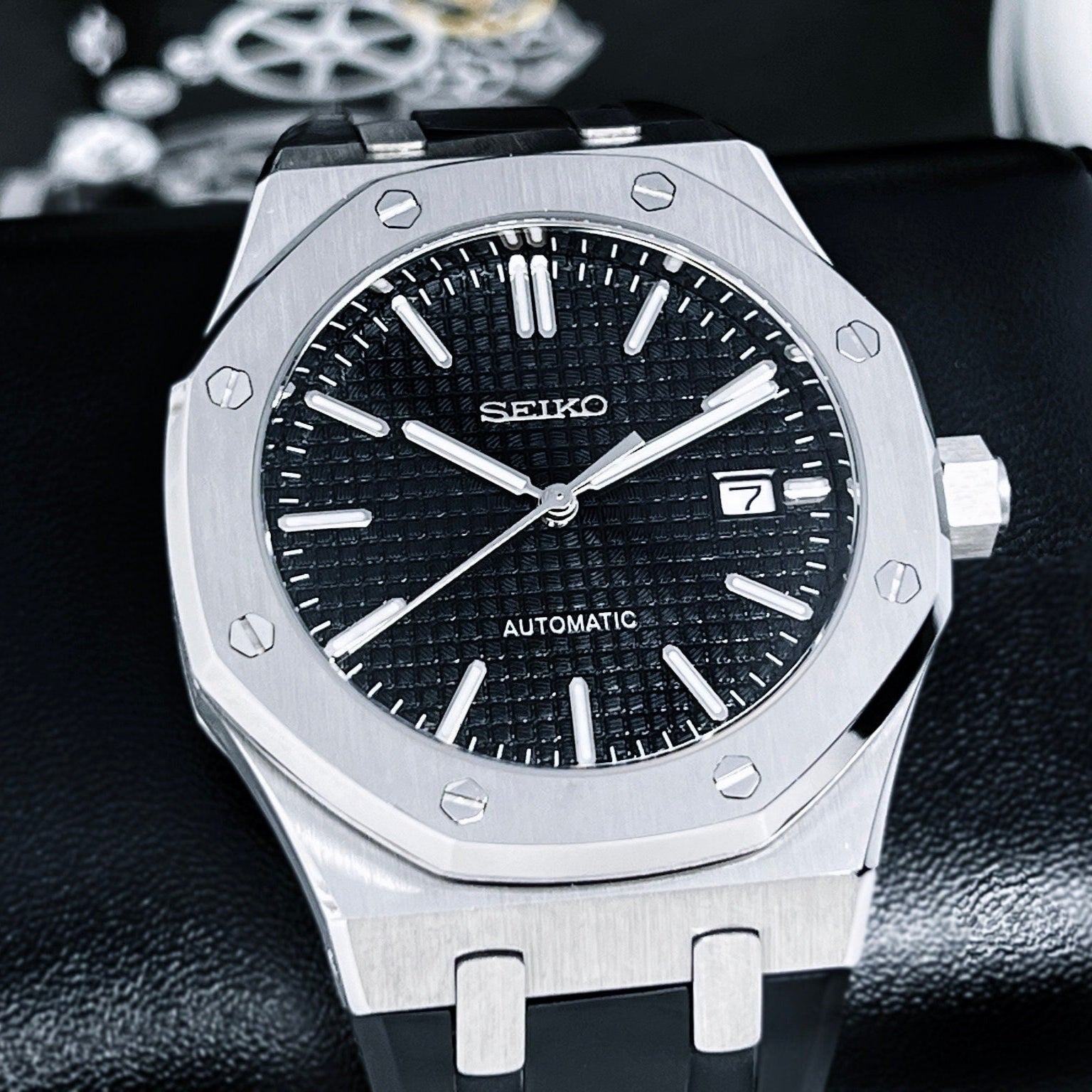 Seikoak 2023 - Modern Stainless Steel with Rugged Rubber Strap - Luxury Dress and Sport Watch | Black Waffle Dial | Seiko Mod | Custom