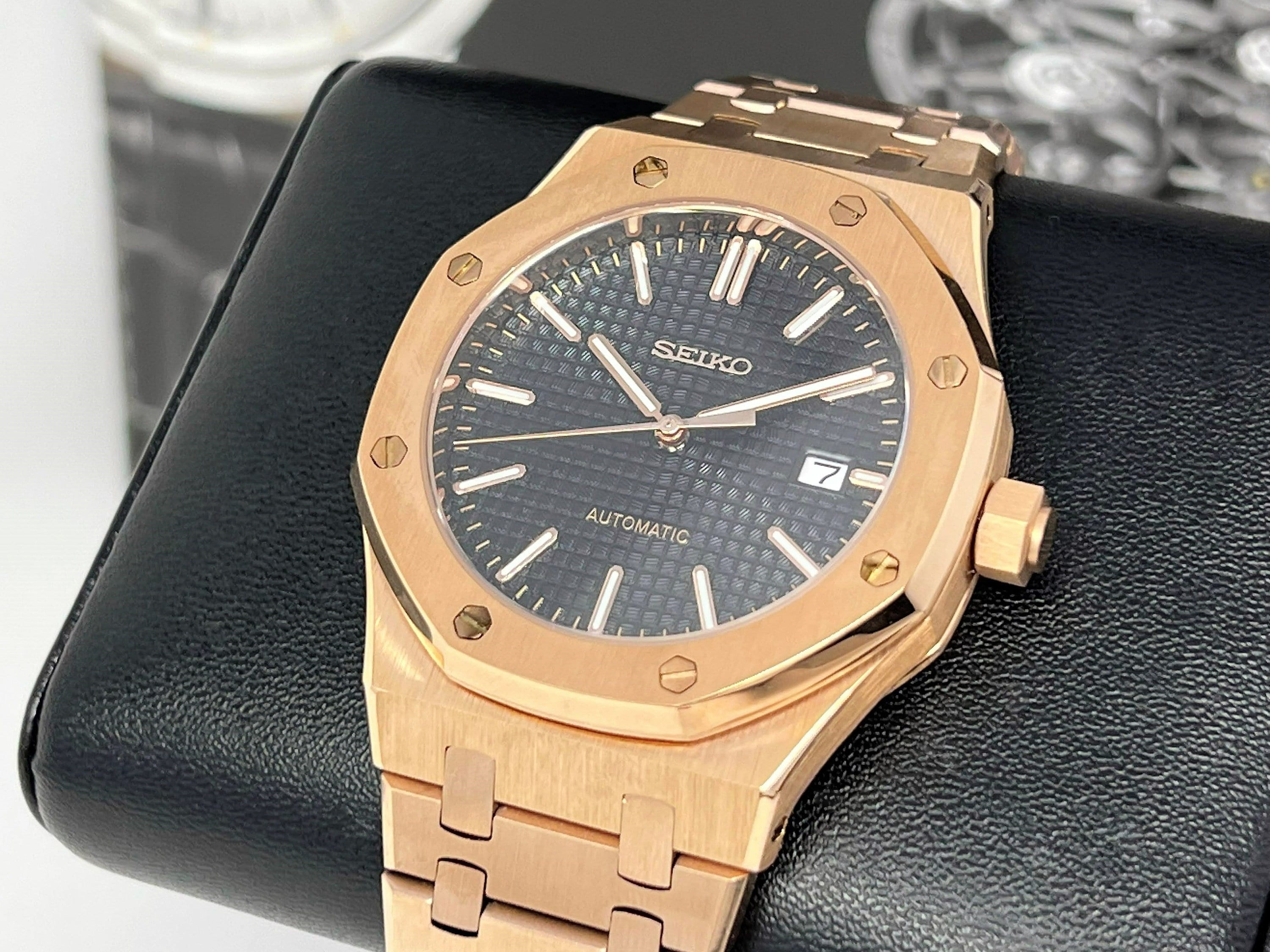 Seikoak Rose Gold Luxury Dress Watch Black Dial Seiko Mod Watch Mod Custom Watch NH35 Automatic Movement 42mm Steel Sport