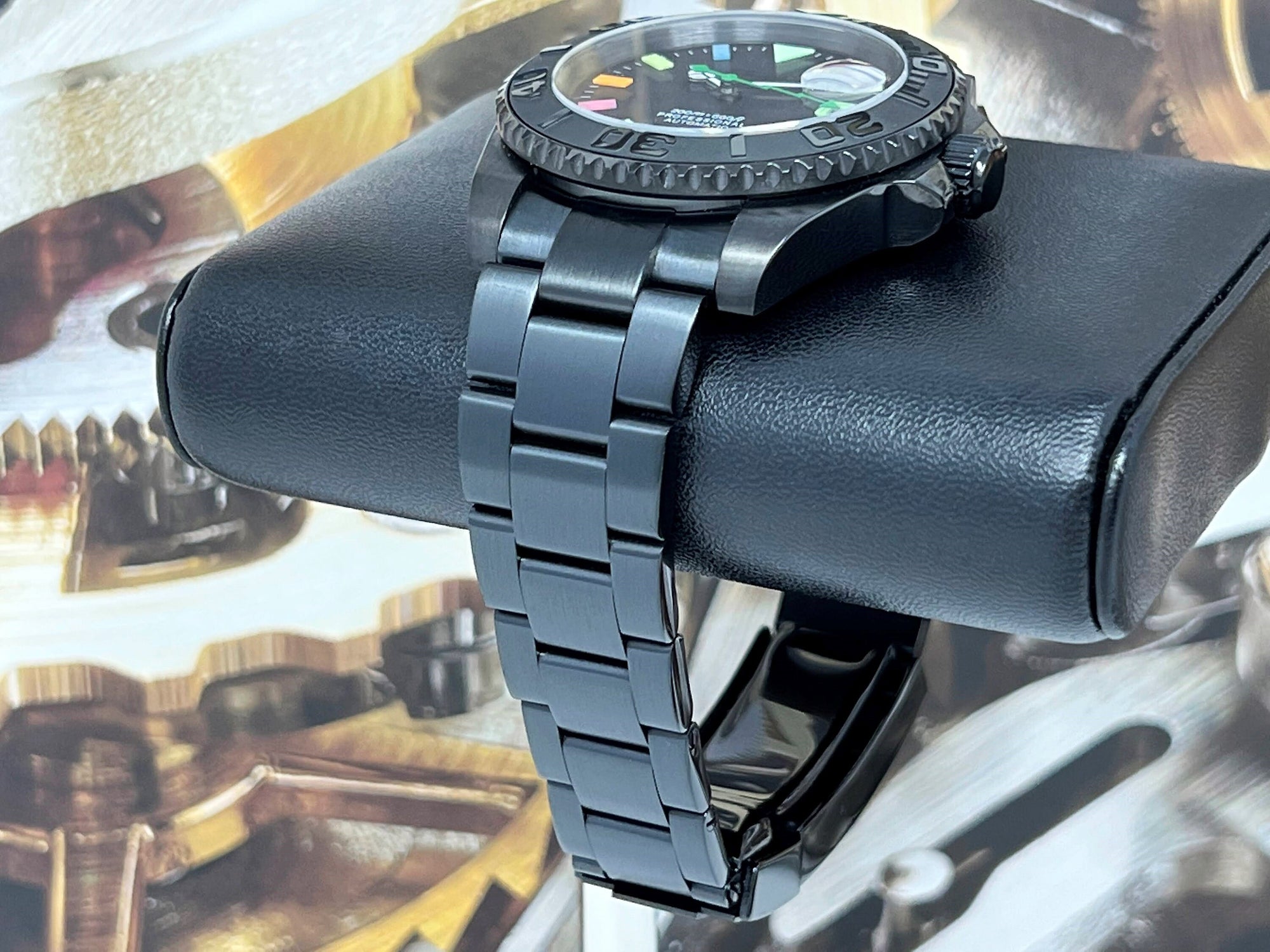 Seiko Stealth Rainbow Dial 2023 | Black with Sapphire Crystal | Oyster Steel Bracelet | Colorful Indices | Color | Lightning | Watch Mod