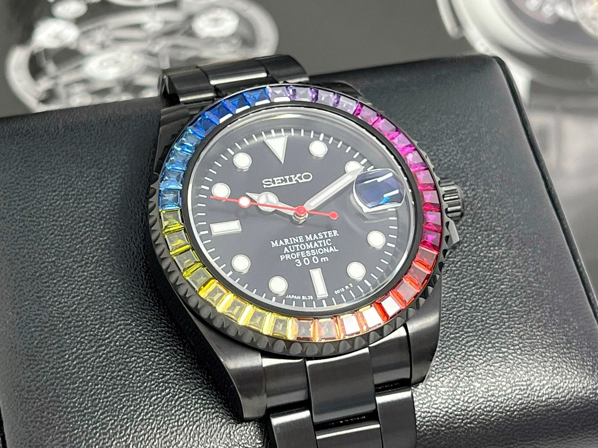 Seiko Rainbow Stealth 2023 | Black with Sapphire Crystal | Oyster Steel Bracelet | Jewel | Bust Down | Gem Frost | Bling | Color | Watch Mod