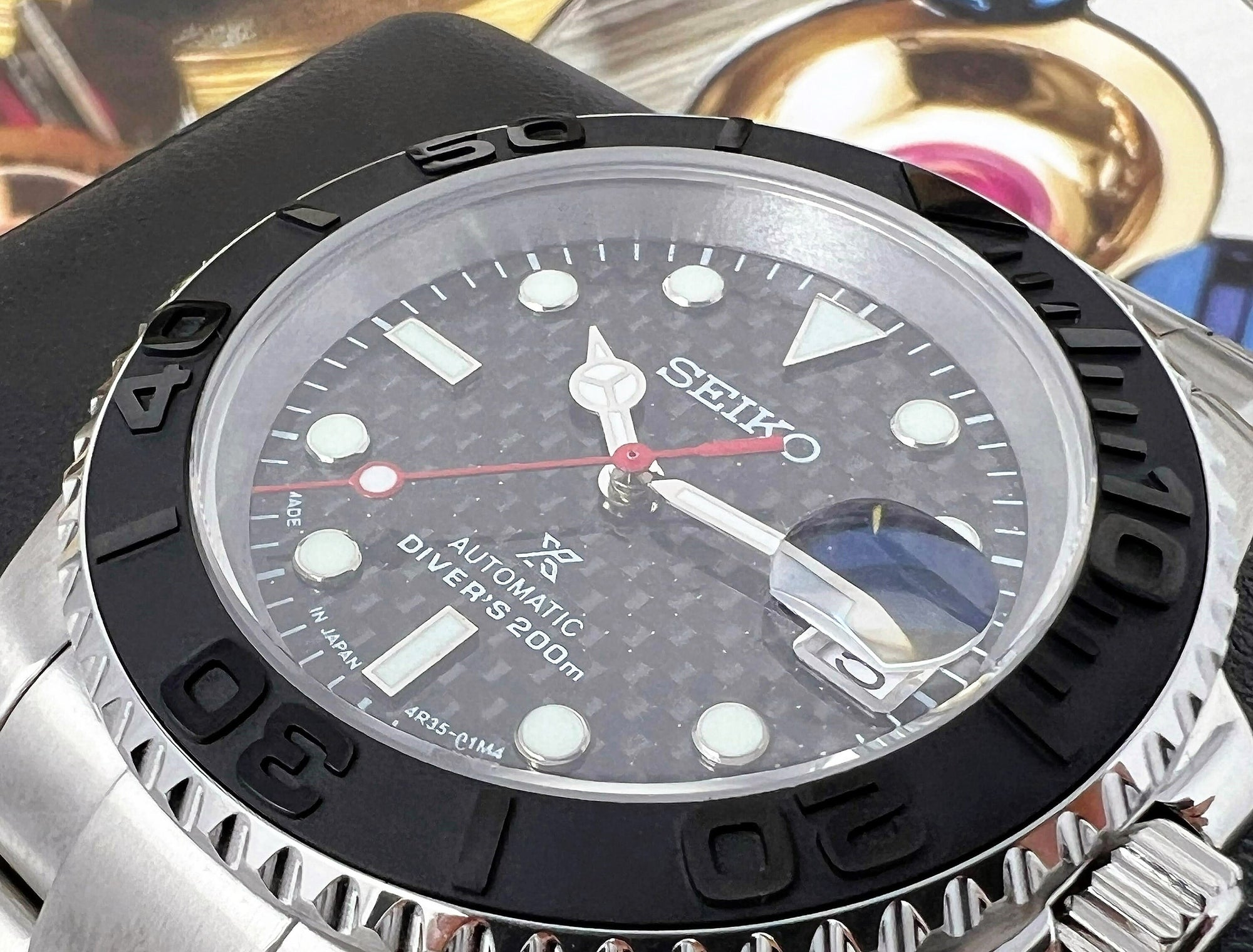 Seiko Carbon Fiber Yachtmaster with Red Second Hand - Modern Stainless Steel Sport Watch - Ready to Ship!