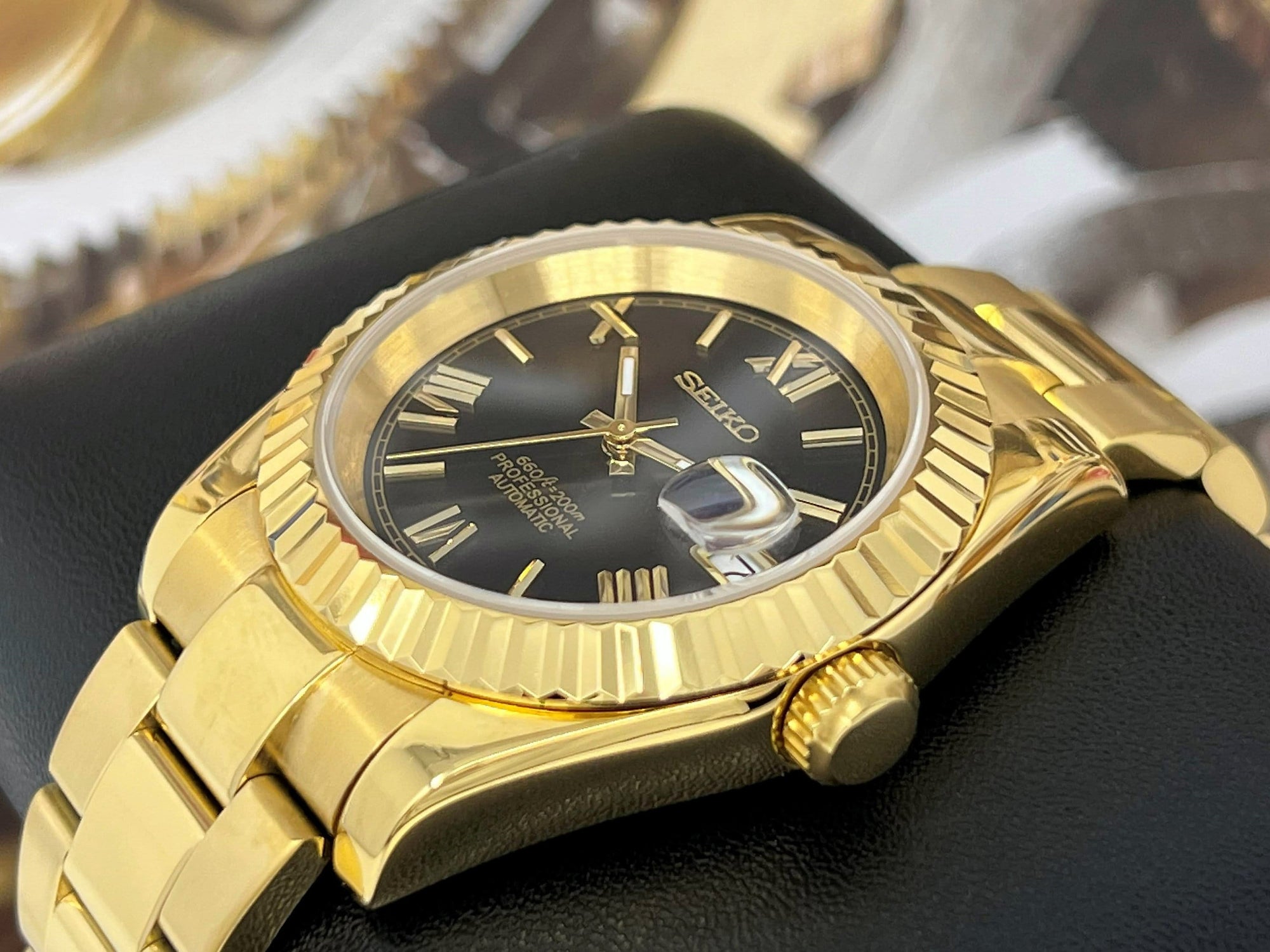 Seiko Gold and Black 39mm Datejust | Roman Numeral | Fluted Bezel | Oyster | NH35 | Seiko Mod | Watch Mod | Custom Watch | DJ36 | Buckley