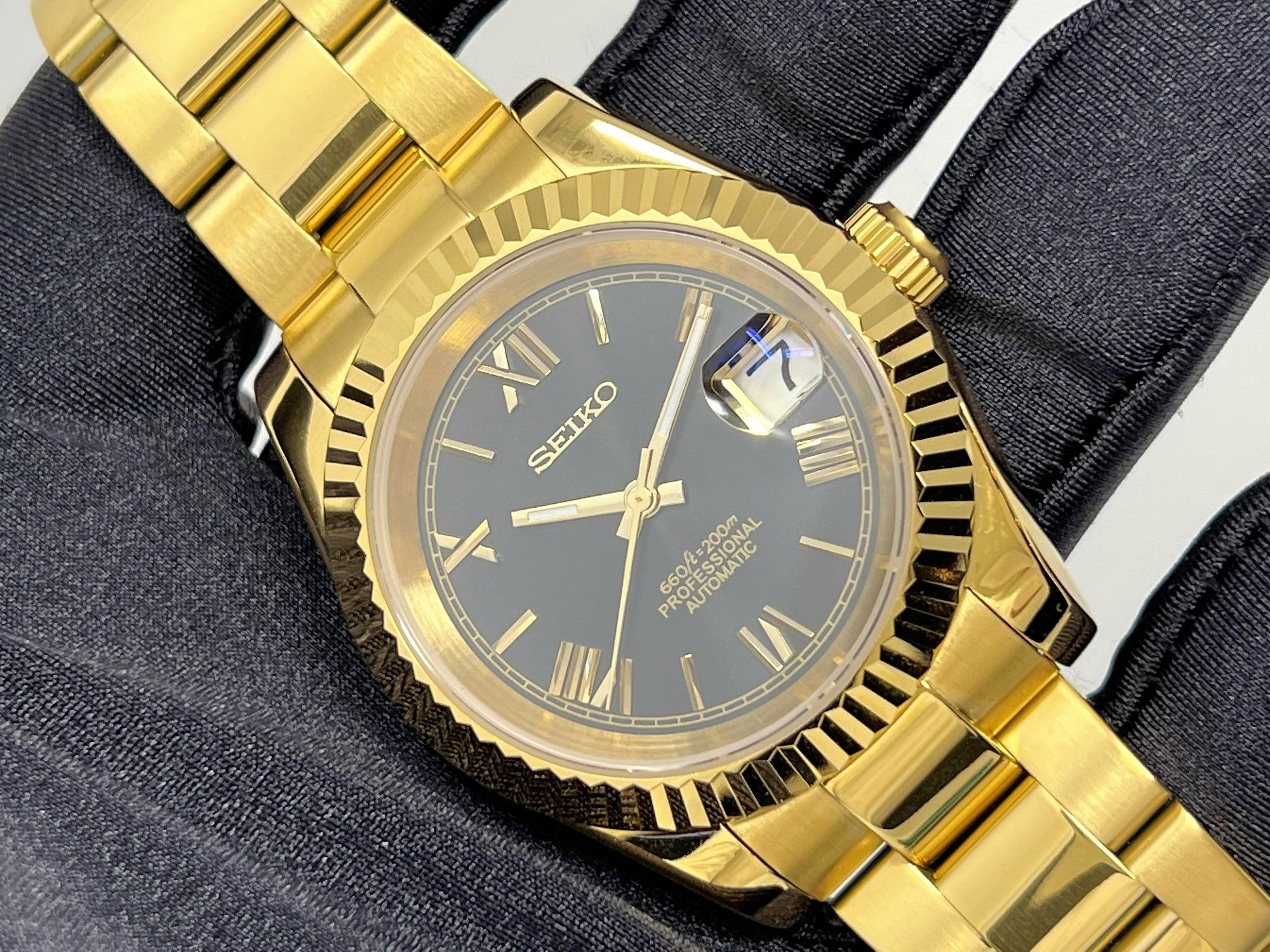 Seiko Gold and Black 39mm Datejust | Roman Numeral | Fluted Bezel | Oyster | NH35 | Seiko Mod | Watch Mod | Custom Watch | DJ36 | Buckley