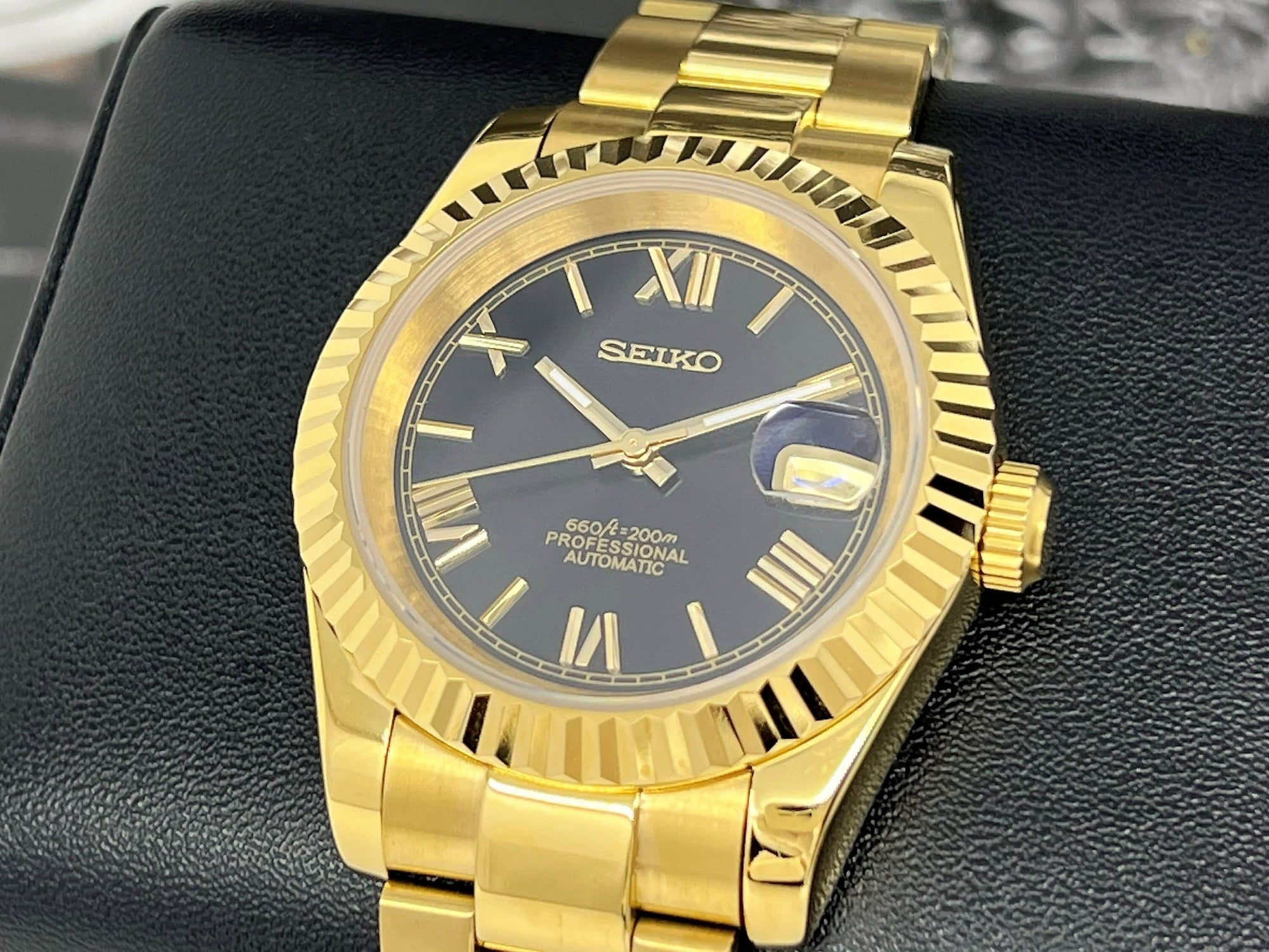 Seiko Gold and Black 39mm Datejust | Roman Numeral | Fluted Bezel | Oyster | NH35 | Seiko Mod | Watch Mod | Custom Watch | DJ36 | Buckley