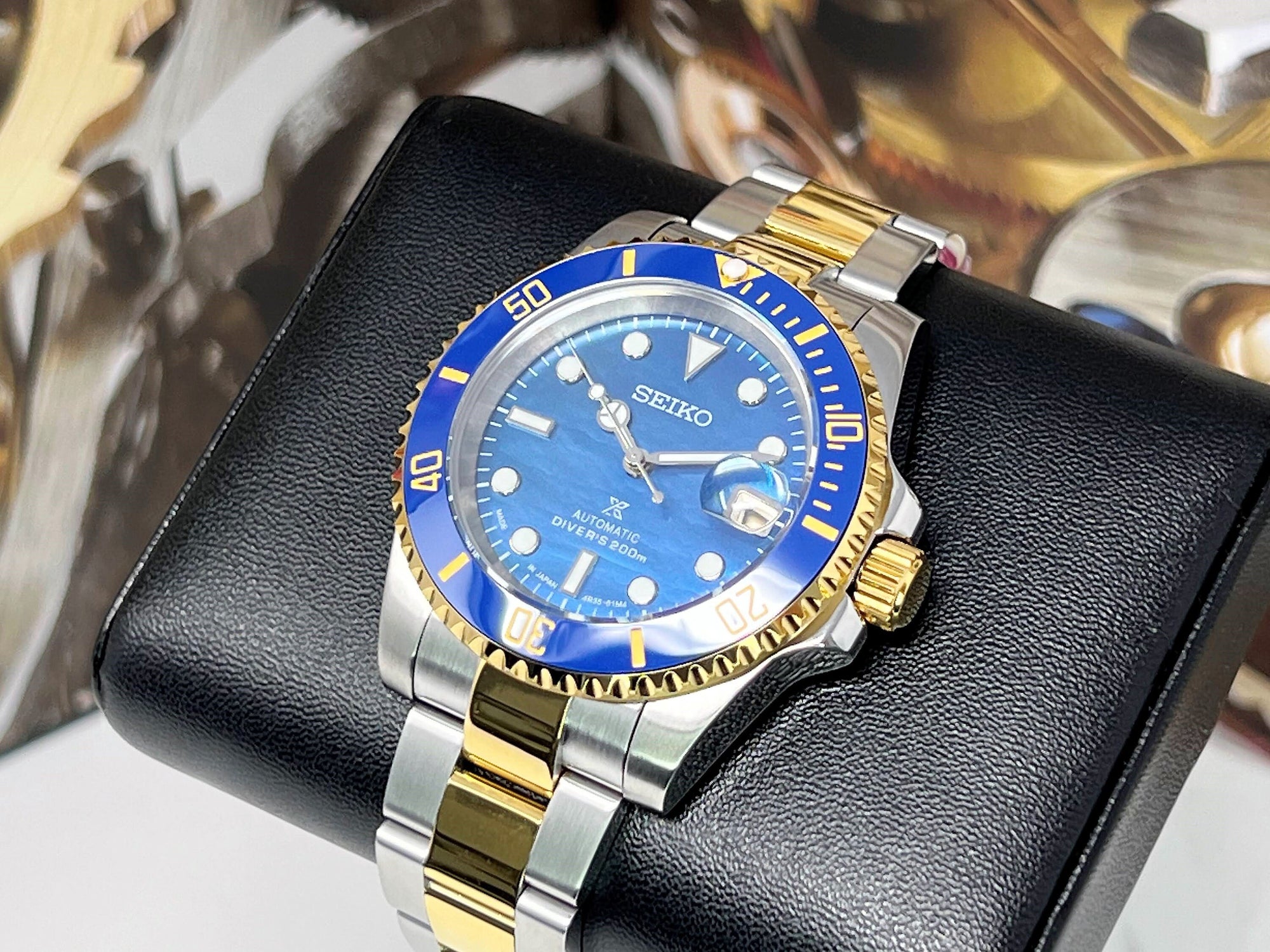Seiko Submariner Date Two Tone Bluesy Ocean Pearl Dial - Sapphire Crystal - 40mm - Steelsport Ceramic Bezel -Watch Mod | Modded Watch