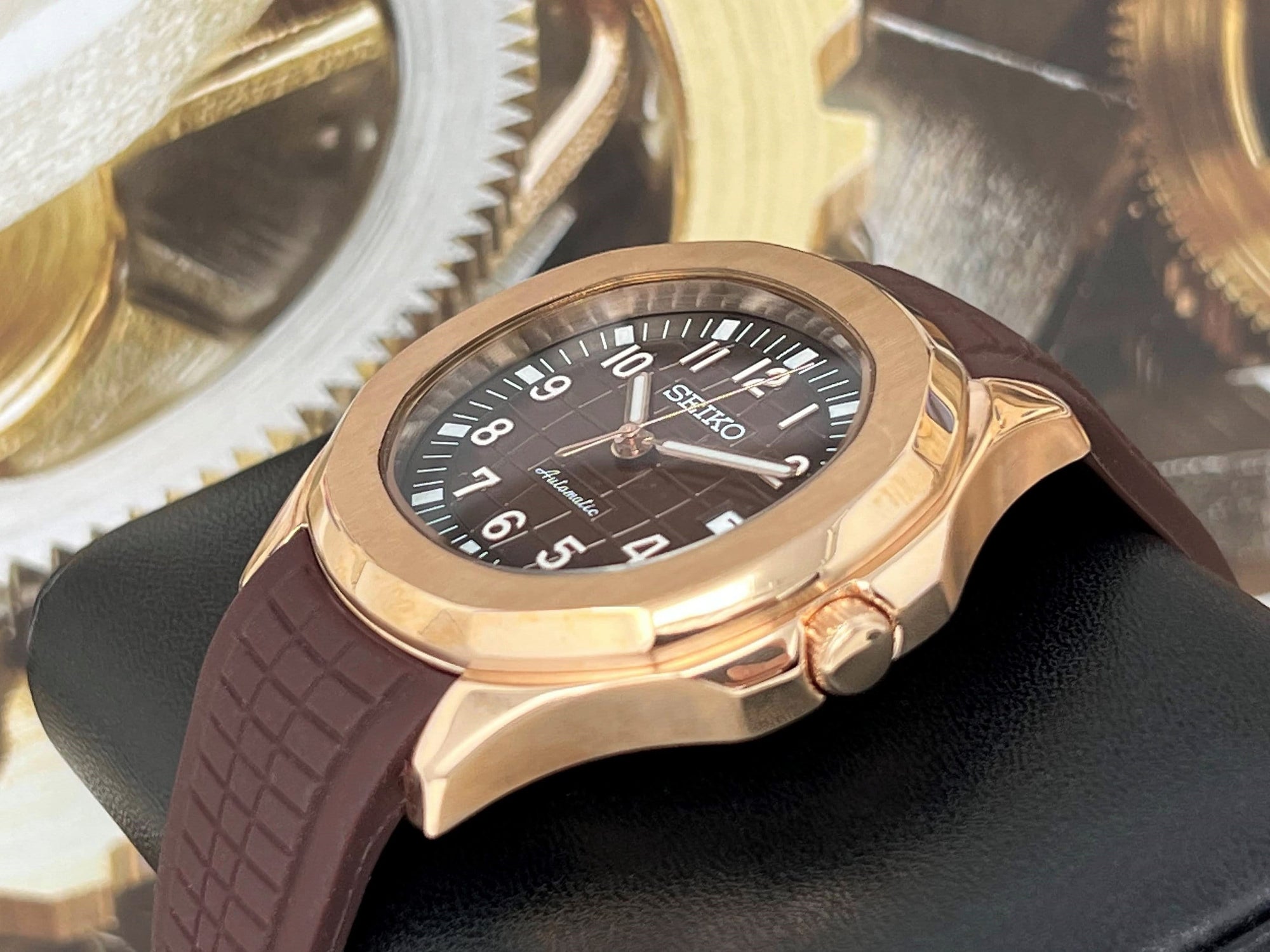 Seikonaut - Brown with Rose Gold on Rubber - Modern Automatic Dress Sport Watch | Watch Mod | Seiko Mod | Custom Mod | Custom Built Watch