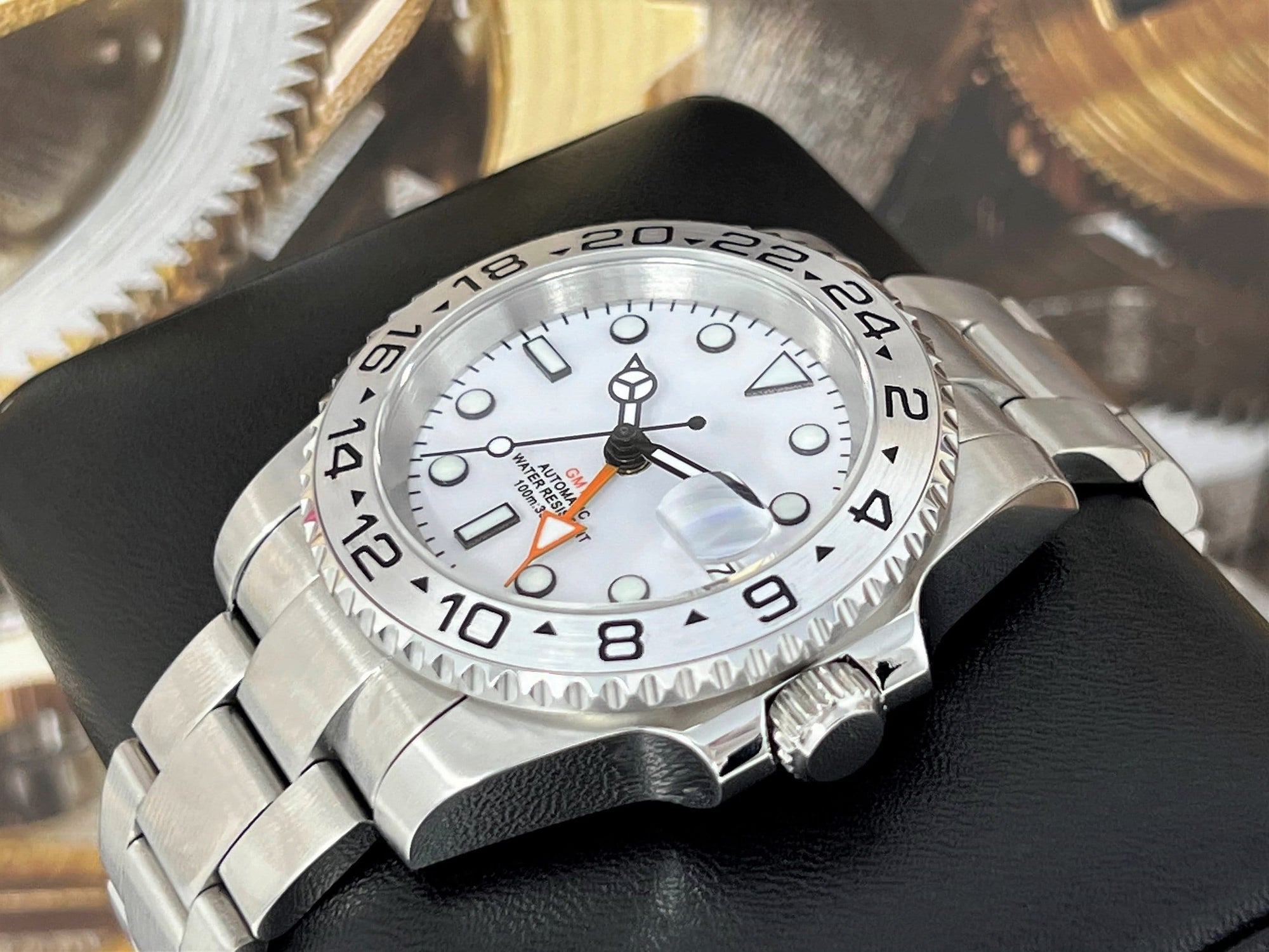 Custom Explorer II Watch | 4 Hand GMT | Polar White 40mm | Stainless Steel Sports Watch | White Dial | with Seiko NH34 Automatic Movement