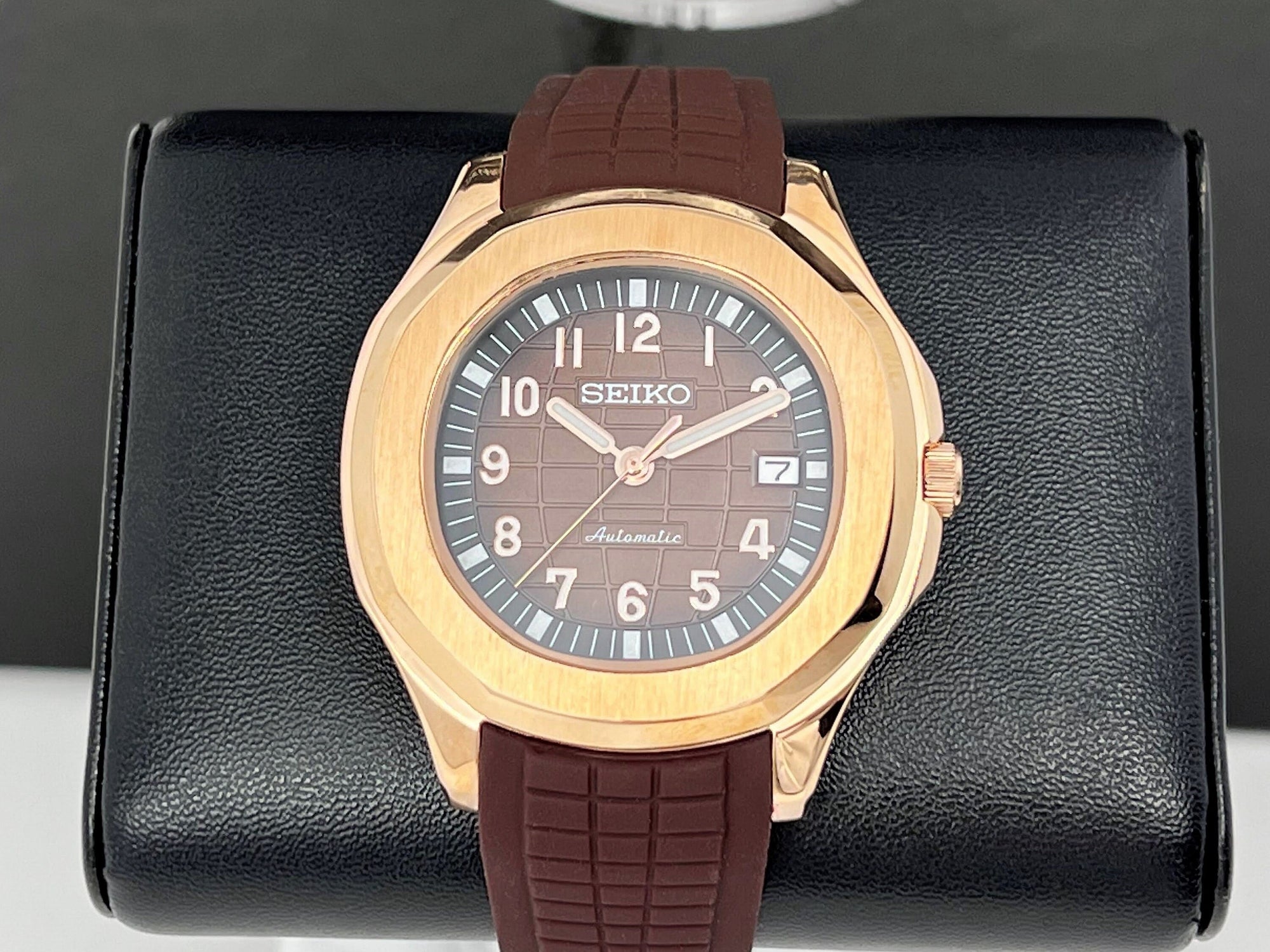 Seikonaut - Brown with Rose Gold on Rubber - Modern Automatic Dress Sport Watch | Watch Mod | Seiko Mod | Custom Mod | Custom Built Watch