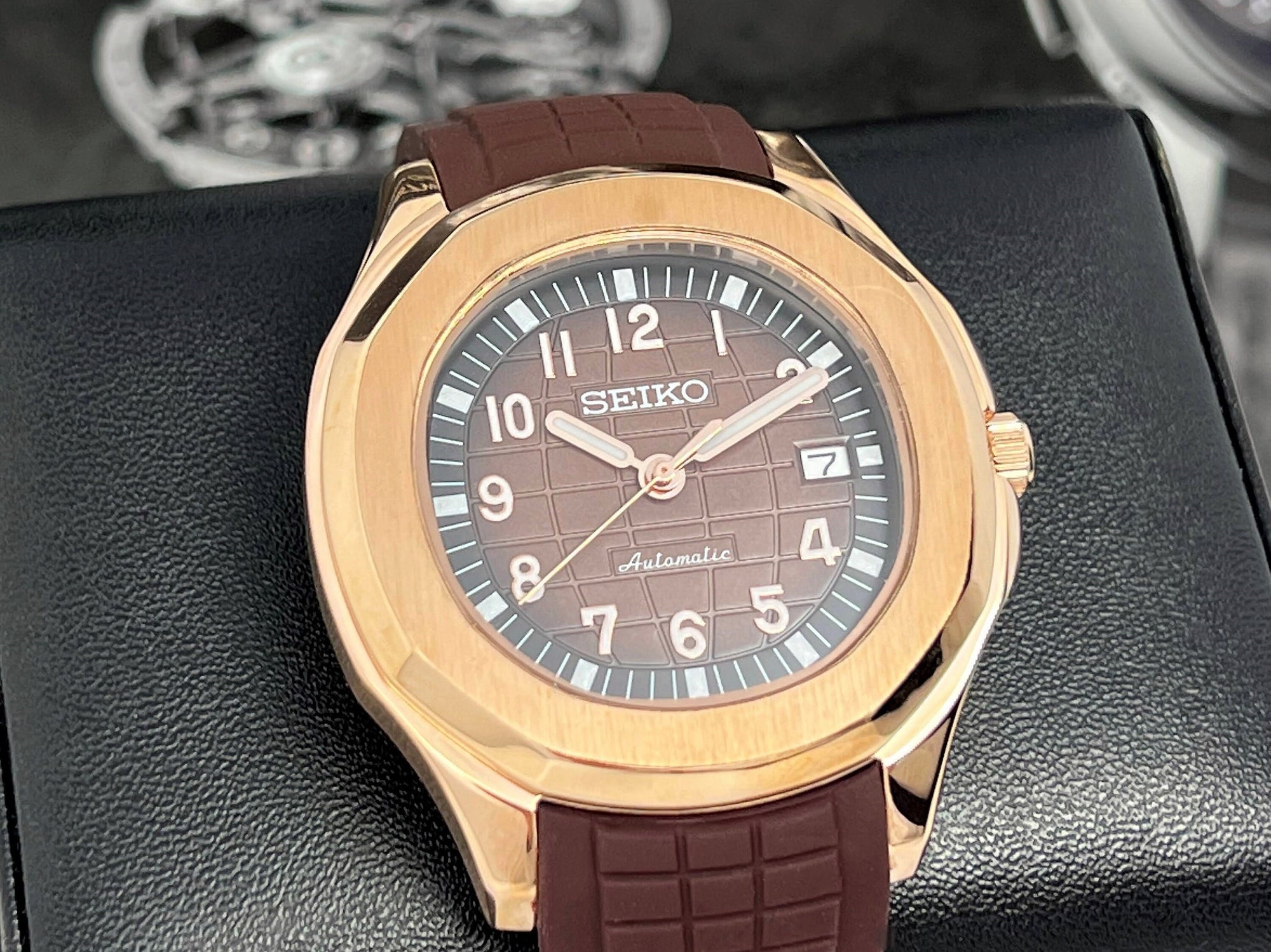 Seikonaut - Brown with Rose Gold on Rubber - Modern Automatic Dress Sport Watch | Watch Mod | Seiko Mod | Custom Mod | Custom Built Watch