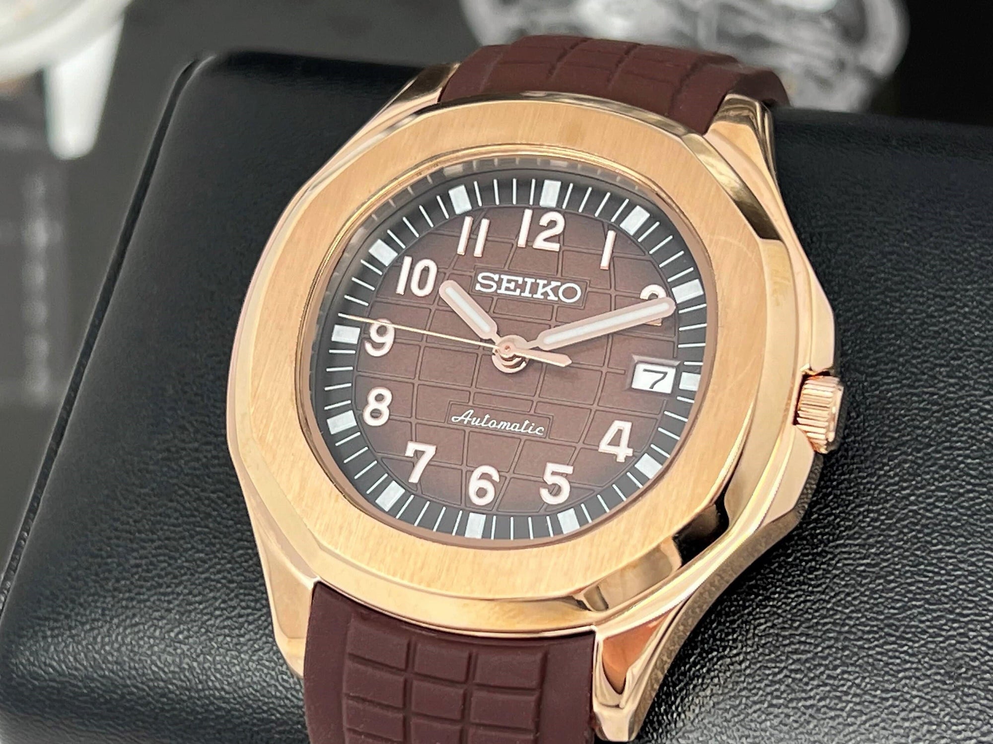 Seikonaut - Brown with Rose Gold on Rubber - Modern Automatic Dress Sport Watch | Watch Mod | Seiko Mod | Custom Mod | Custom Built Watch