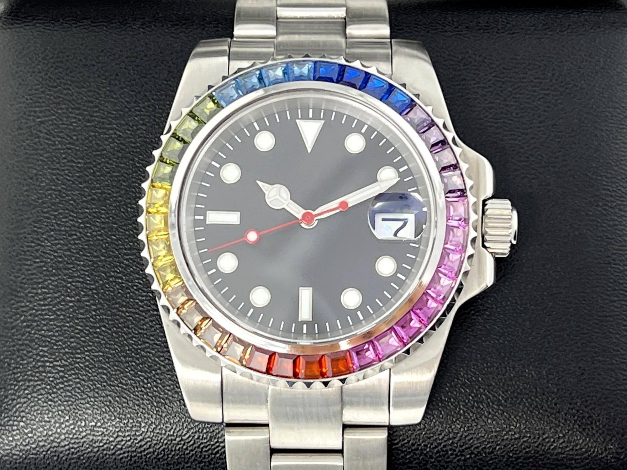 Custom Rainbow Jewel Watch | Stainless Steel, Sapphire Crystal, Oyster Steel Bracelet, Seiko Mod, Watch Mod, Bust Down, Bling, Jewel Bezel