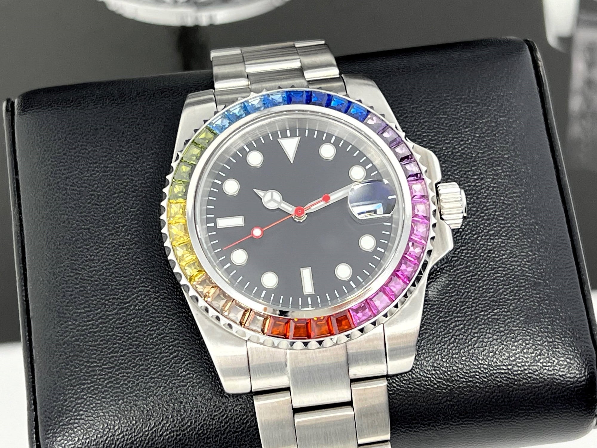 Custom Rainbow Jewel Watch | Stainless Steel, Sapphire Crystal, Oyster Steel Bracelet, Seiko Mod, Watch Mod, Bust Down, Bling, Jewel Bezel